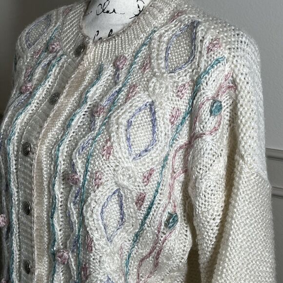 Vintage Russ Studio Crochet Knit Nordic Sweater Cardigan Medium Grandma Pom Pom - Picture 4 of 11